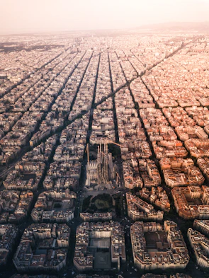 An aerial view of a city with lots of buildings