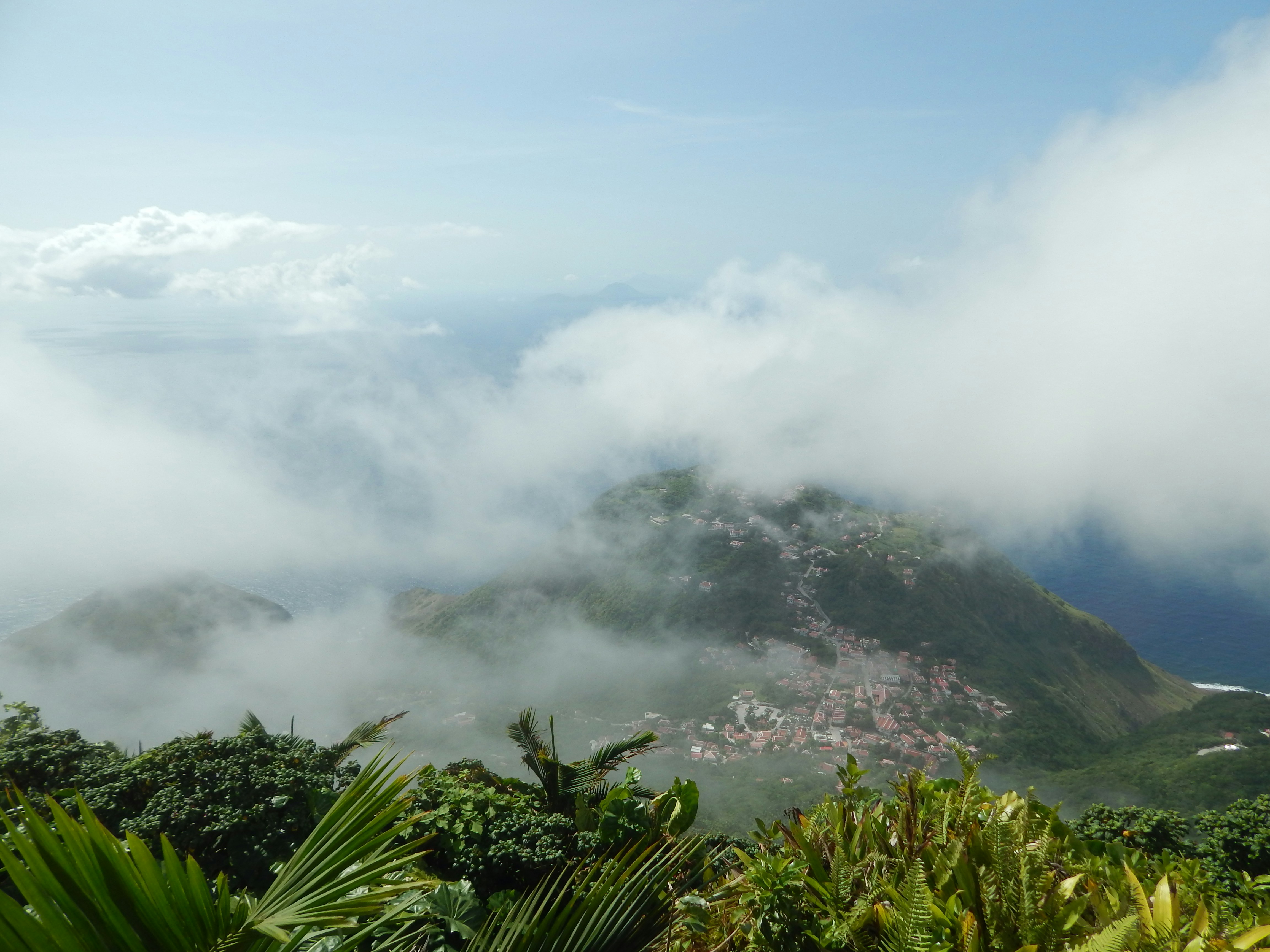 A mountain covered in clouds and trees