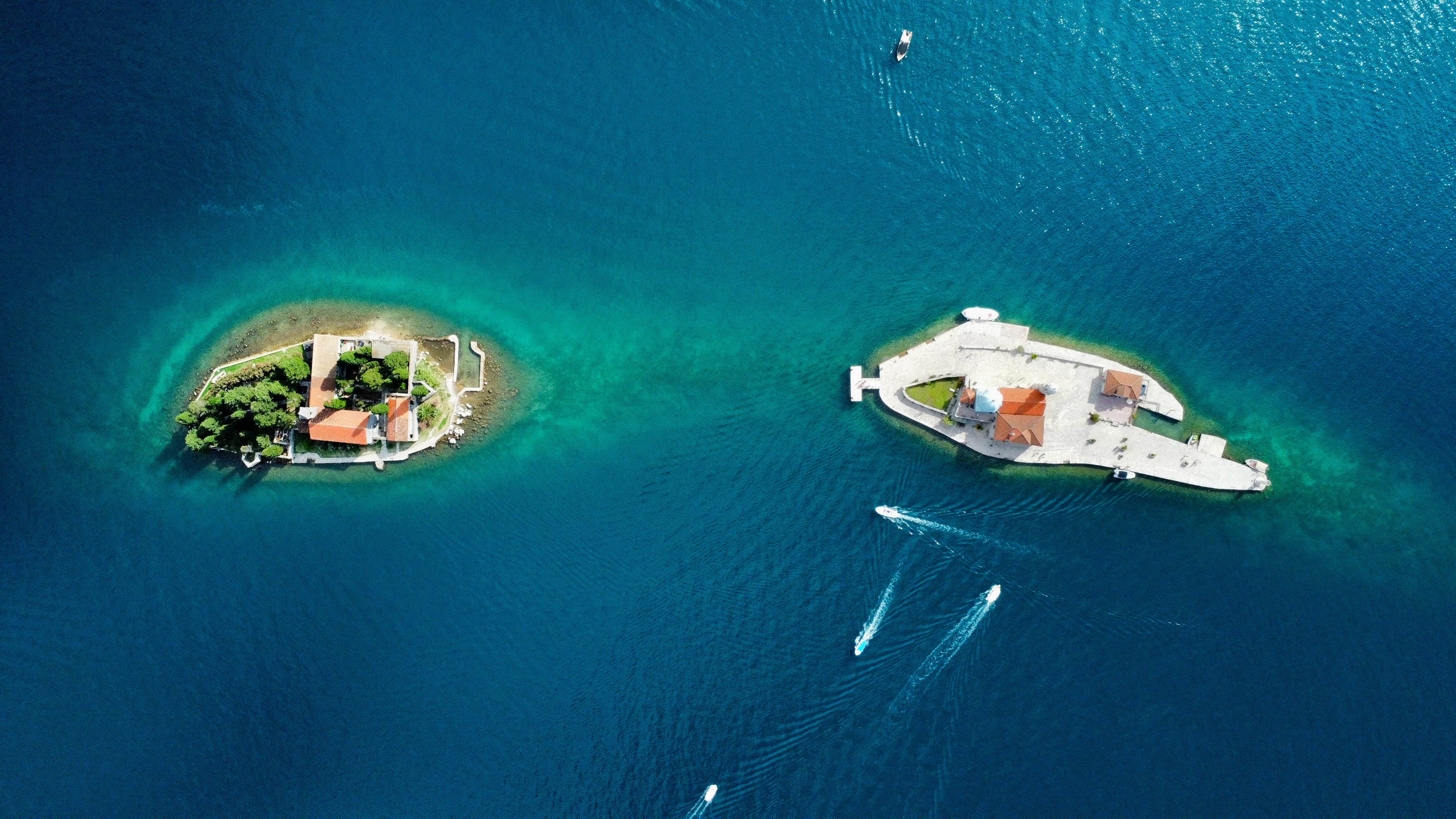The islets of St George and Our Lady of the Rocks in the Bay of Kotor off Perast, seen from above