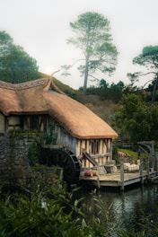 A house with a thatched roof next to a body of water