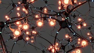 Interconnected dark nerve cells with glowing orange nodes and small blue light pulses