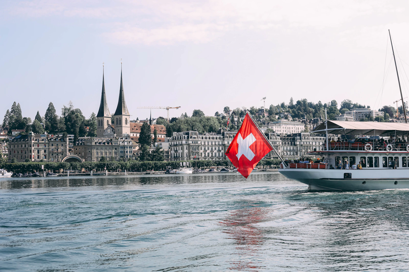 A lake steamer flying the Swiss flag on Lake Lucerne