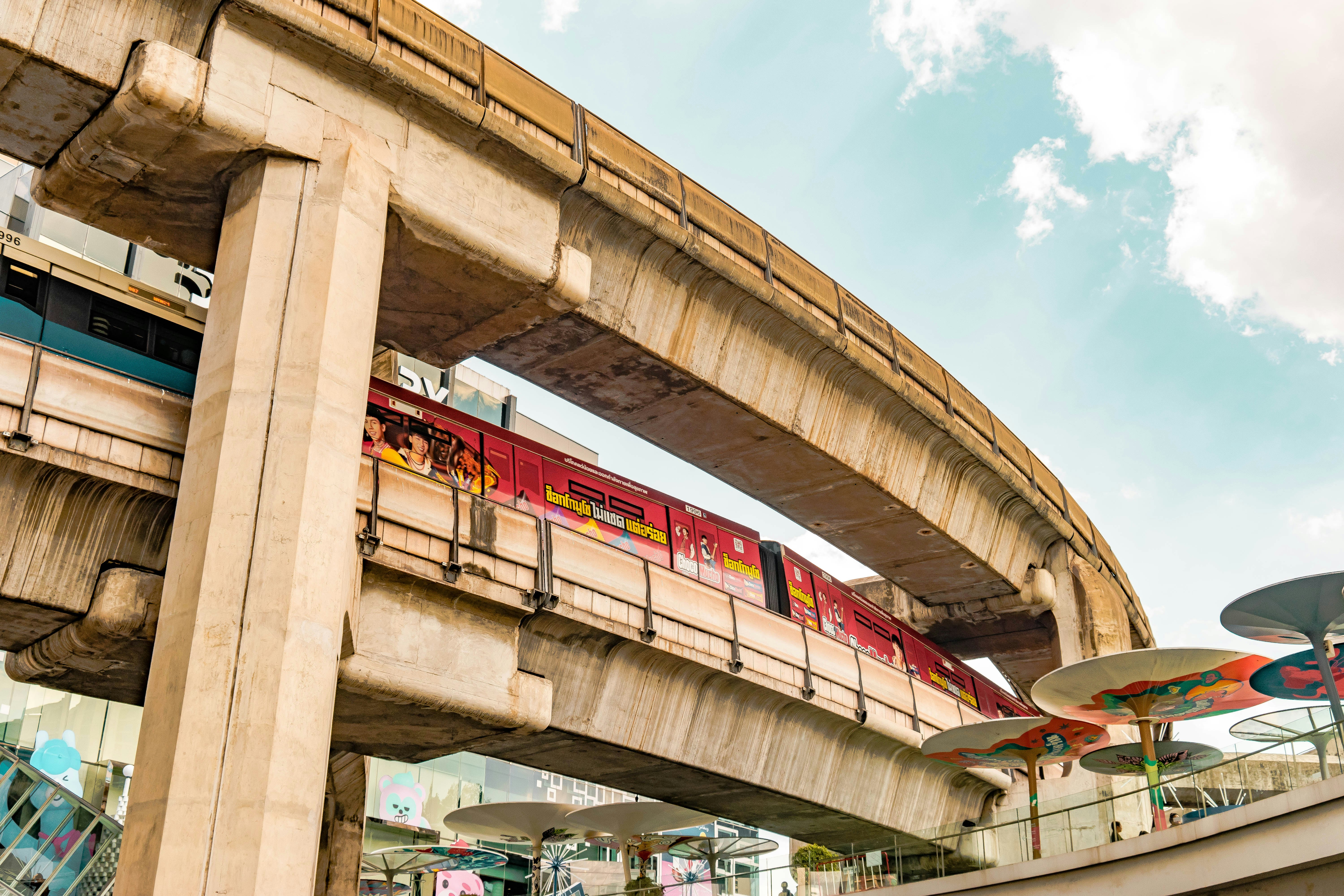 A train traveling over a bridge with a sky background