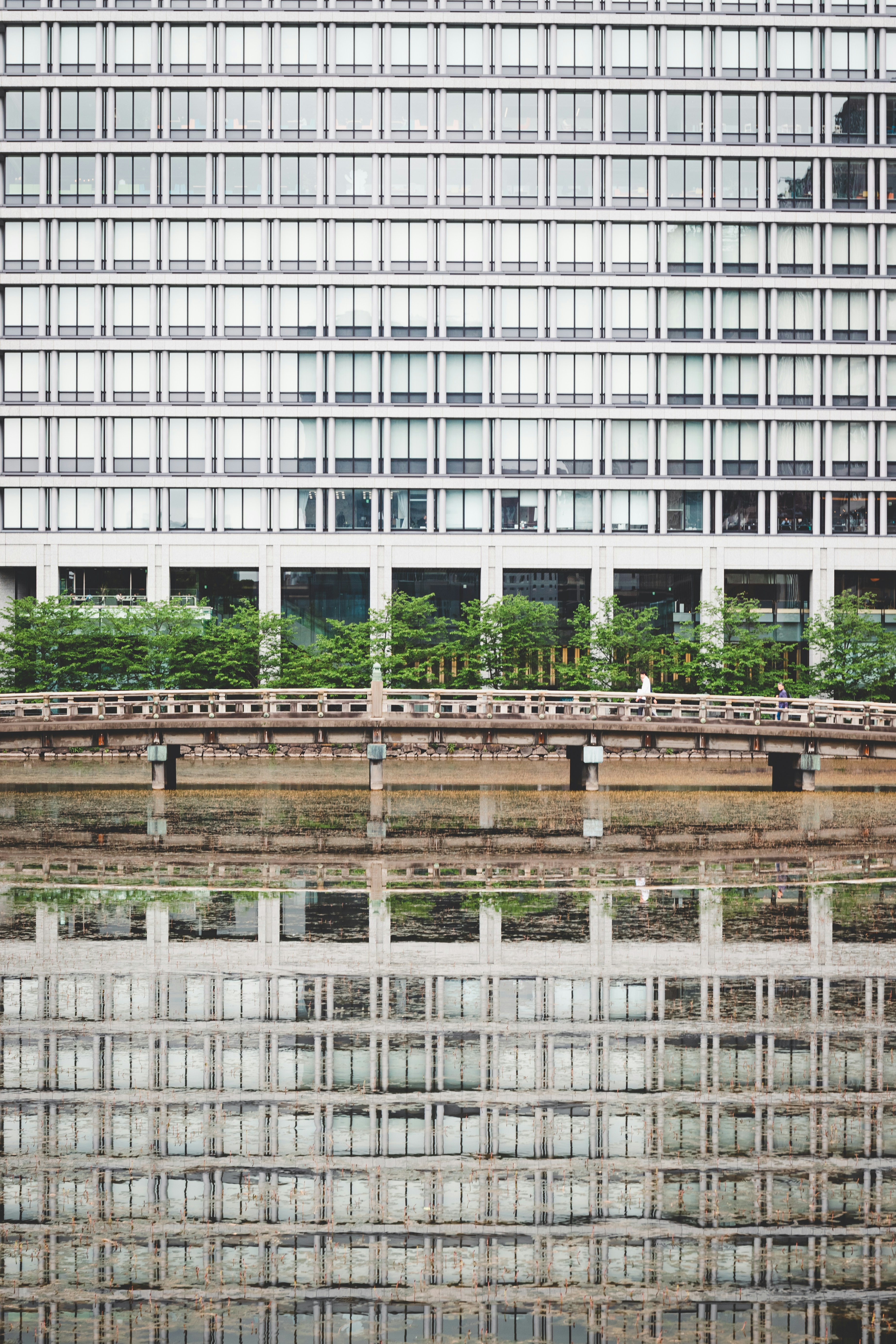Un edificio grande con muchas ventanas junto a un cuerpo de agua