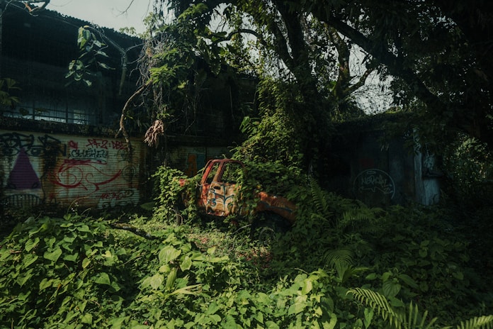 A large pile of green plants next to a building