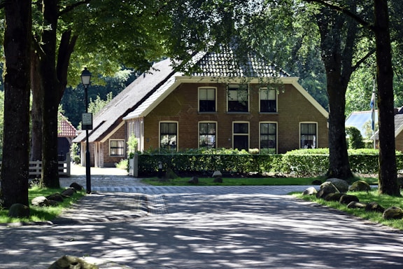A house in the middle of a road surrounded by trees