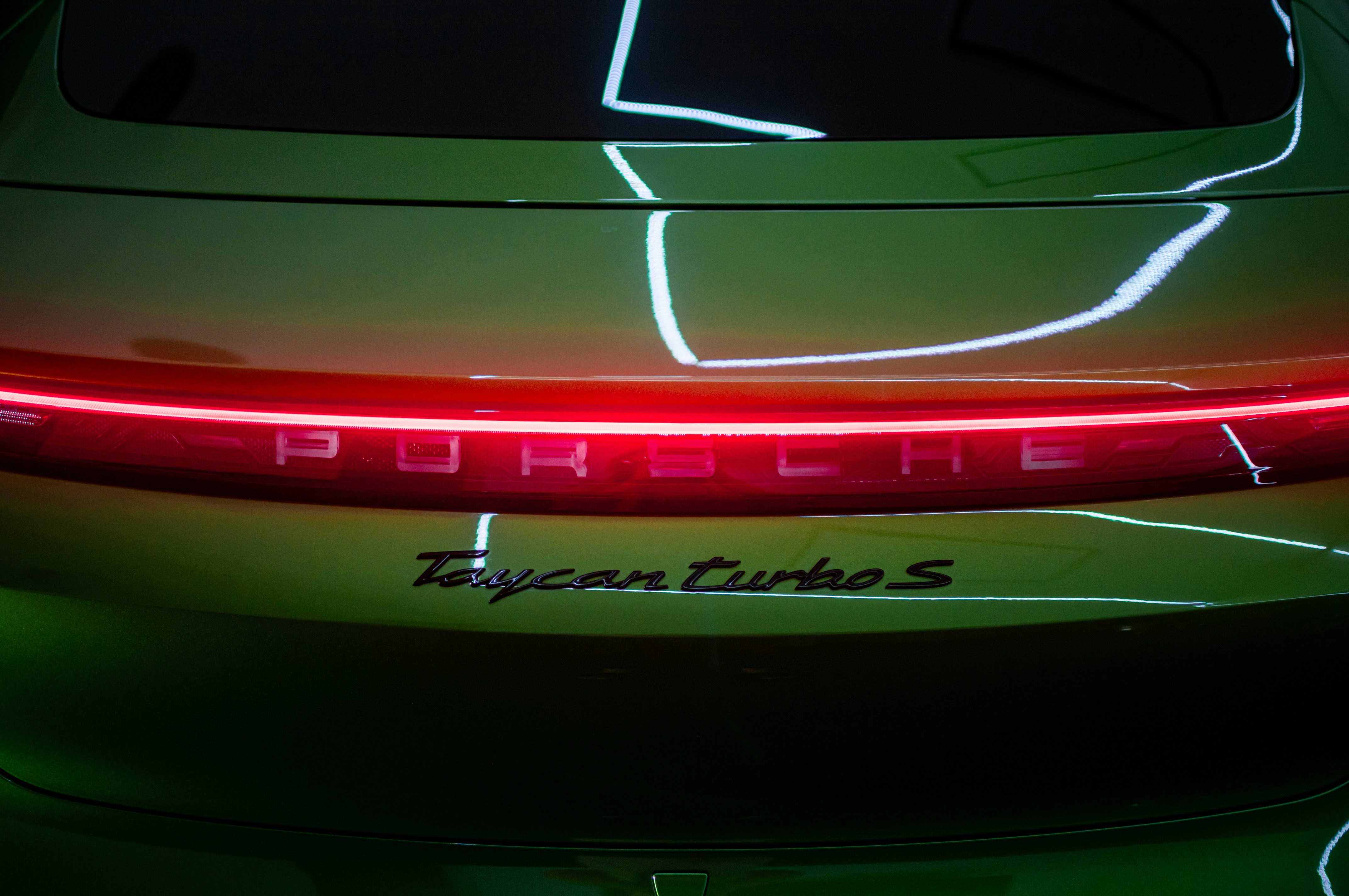 A close up of the tail lights of a sports car