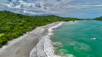 An aerial view of a beach and ocean