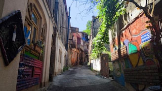 A narrow alleyway with graffiti on the walls