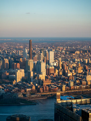 A view of a large city with a river running through it