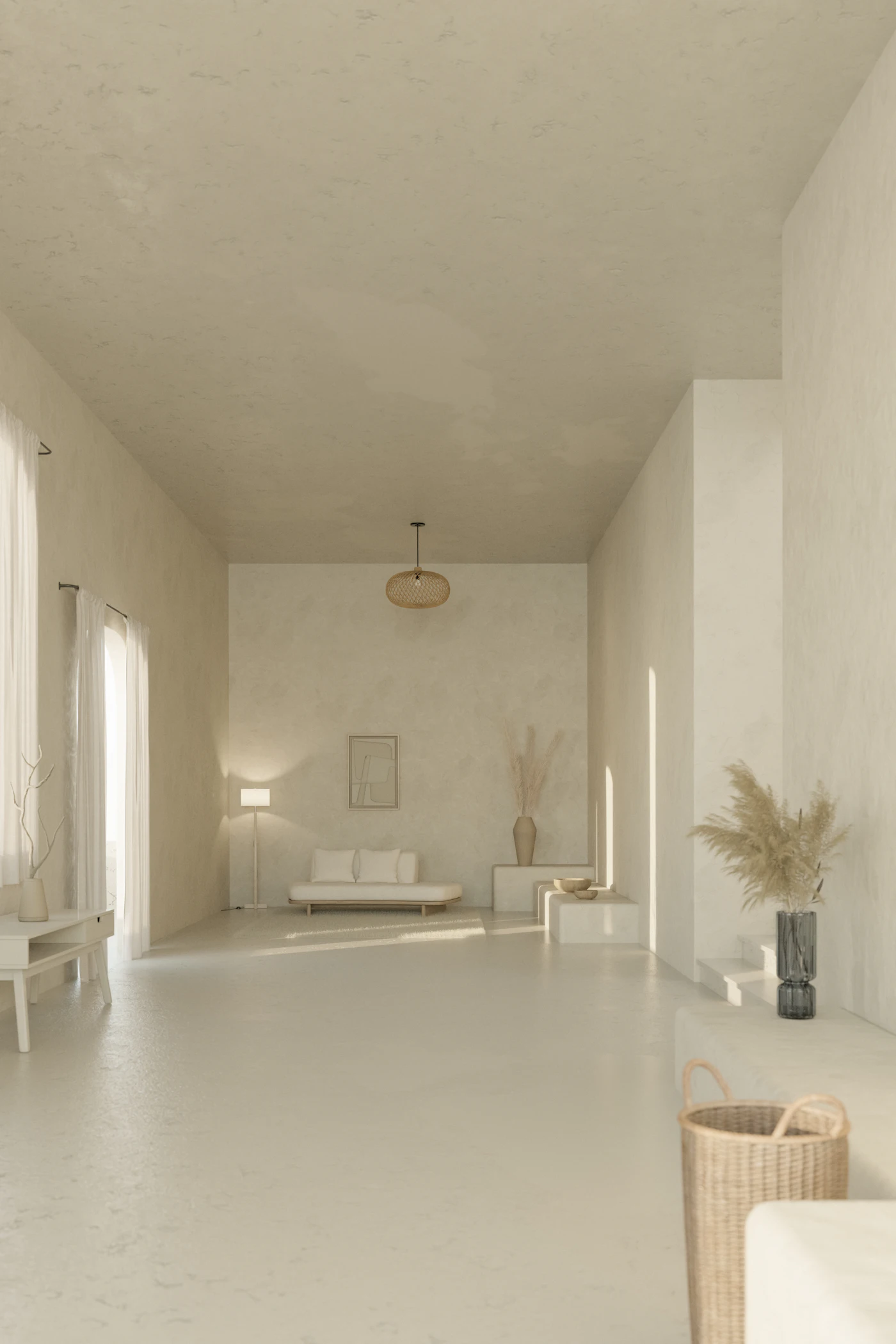 A long, freshly finished neutral-toned living space