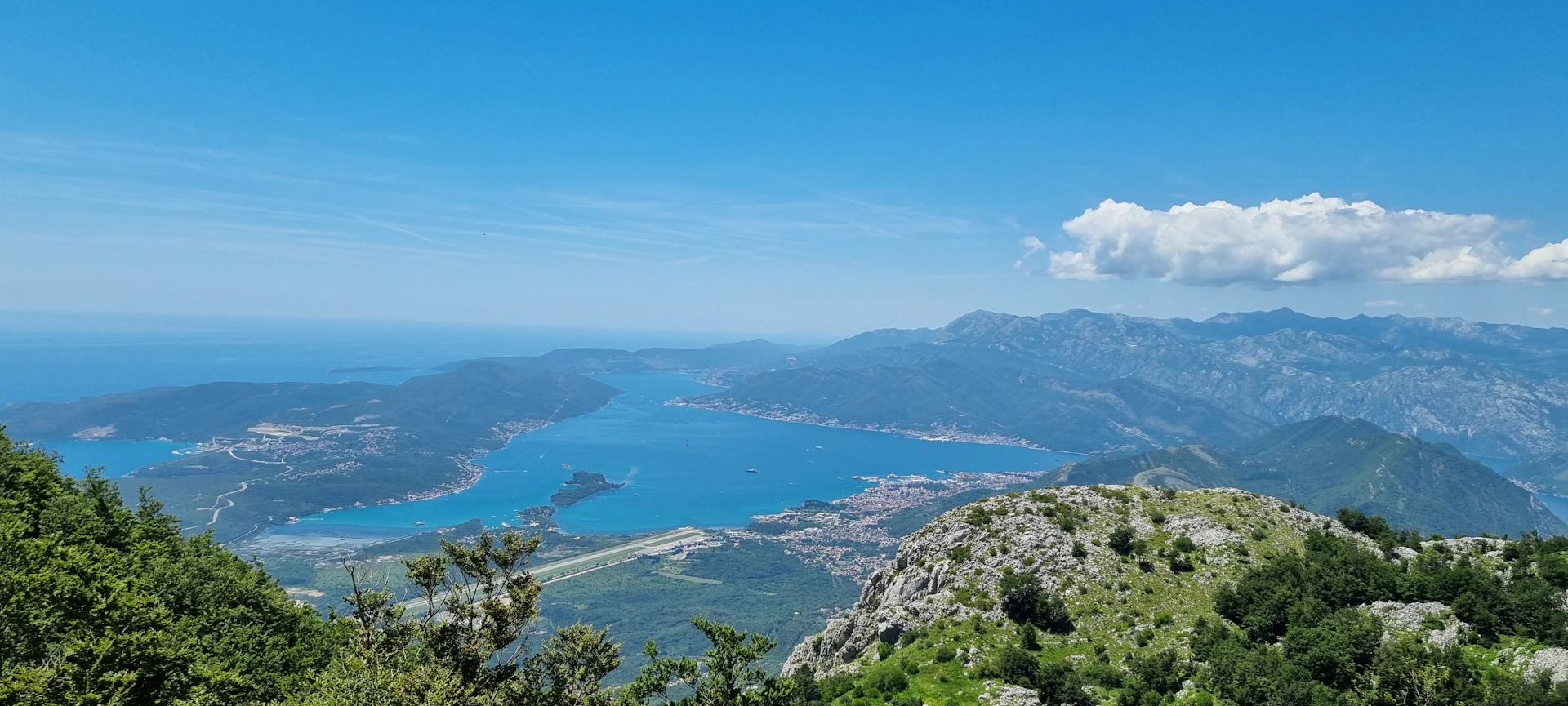 A scenic view of the ocean and mountains