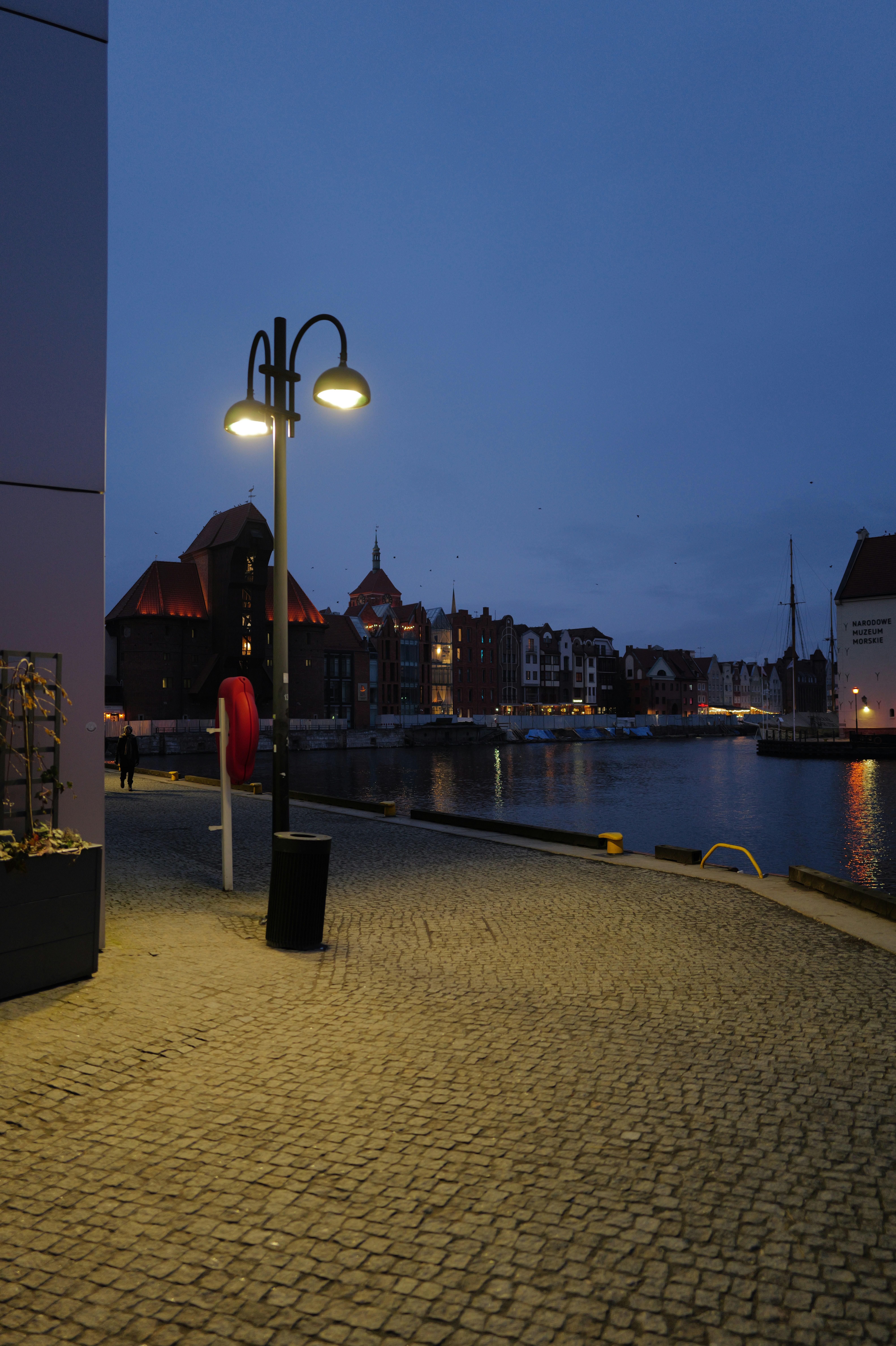 A street light sitting next to a body of water