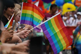 A group of people holding a rainbow flag