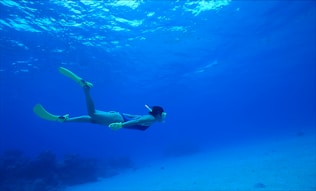 A woman swimming in the ocean with her feet in the water