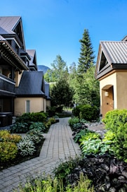 A walkway between two buildings in a garden