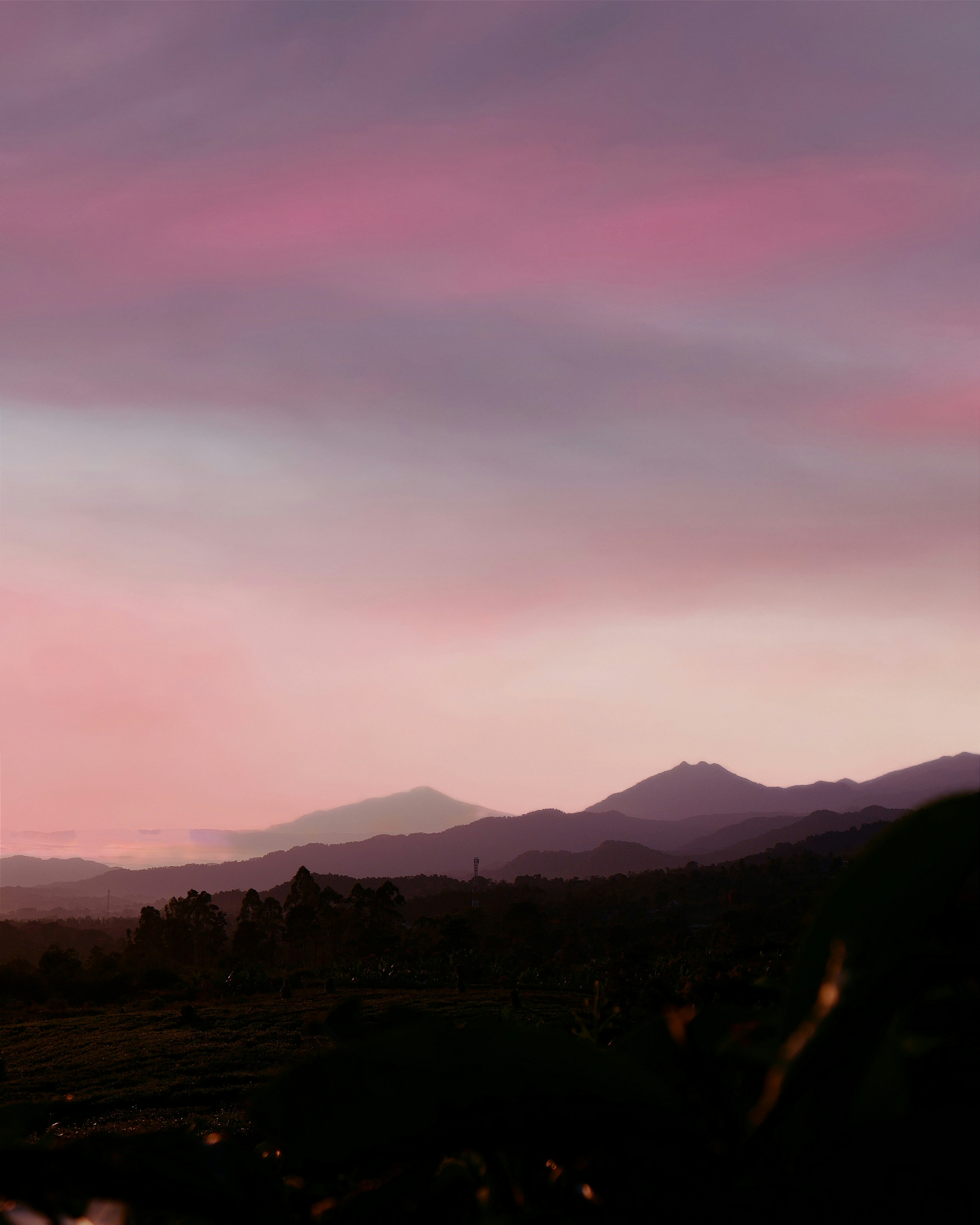 山々を背景にしたピンクと紫の空