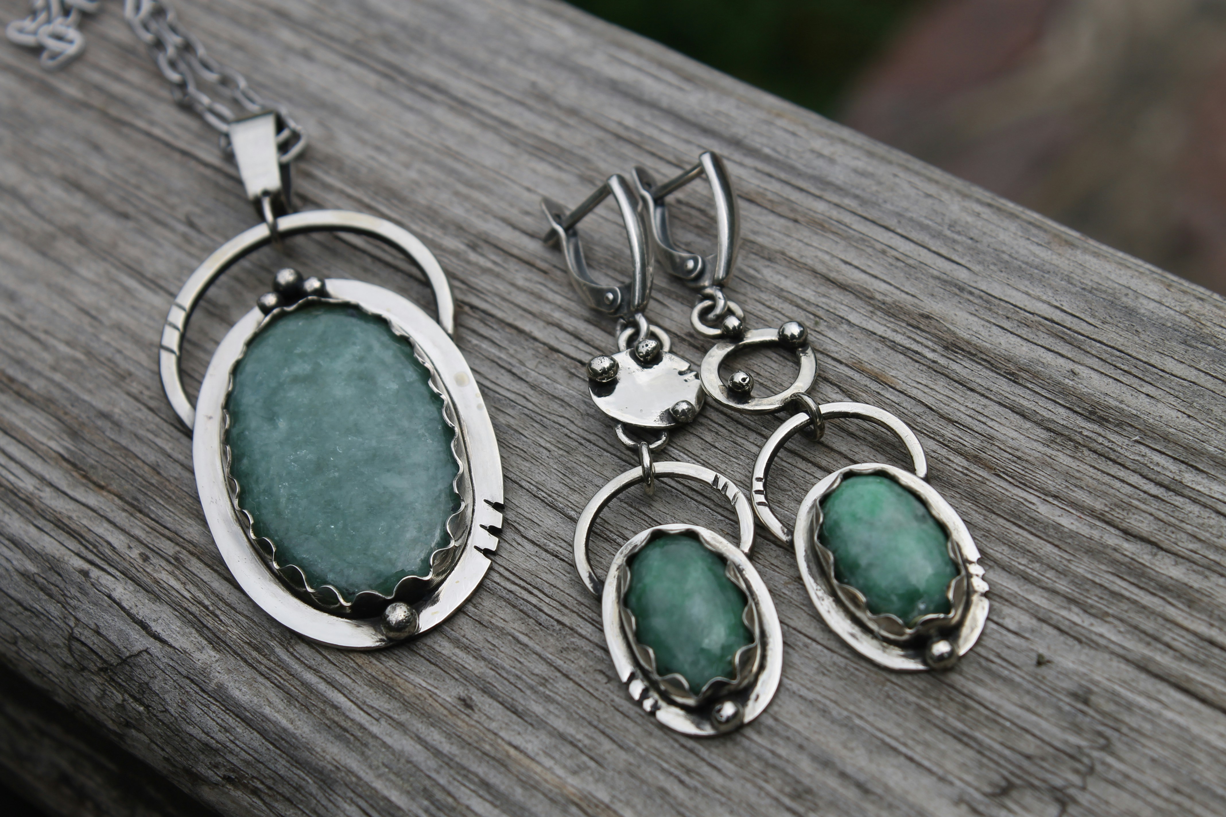 Green Guatemalan jade jewellery with silver settings