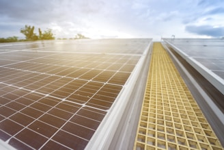 Two rows of solar panels on the roof of a building