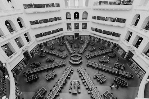 A black and white photo of a large building