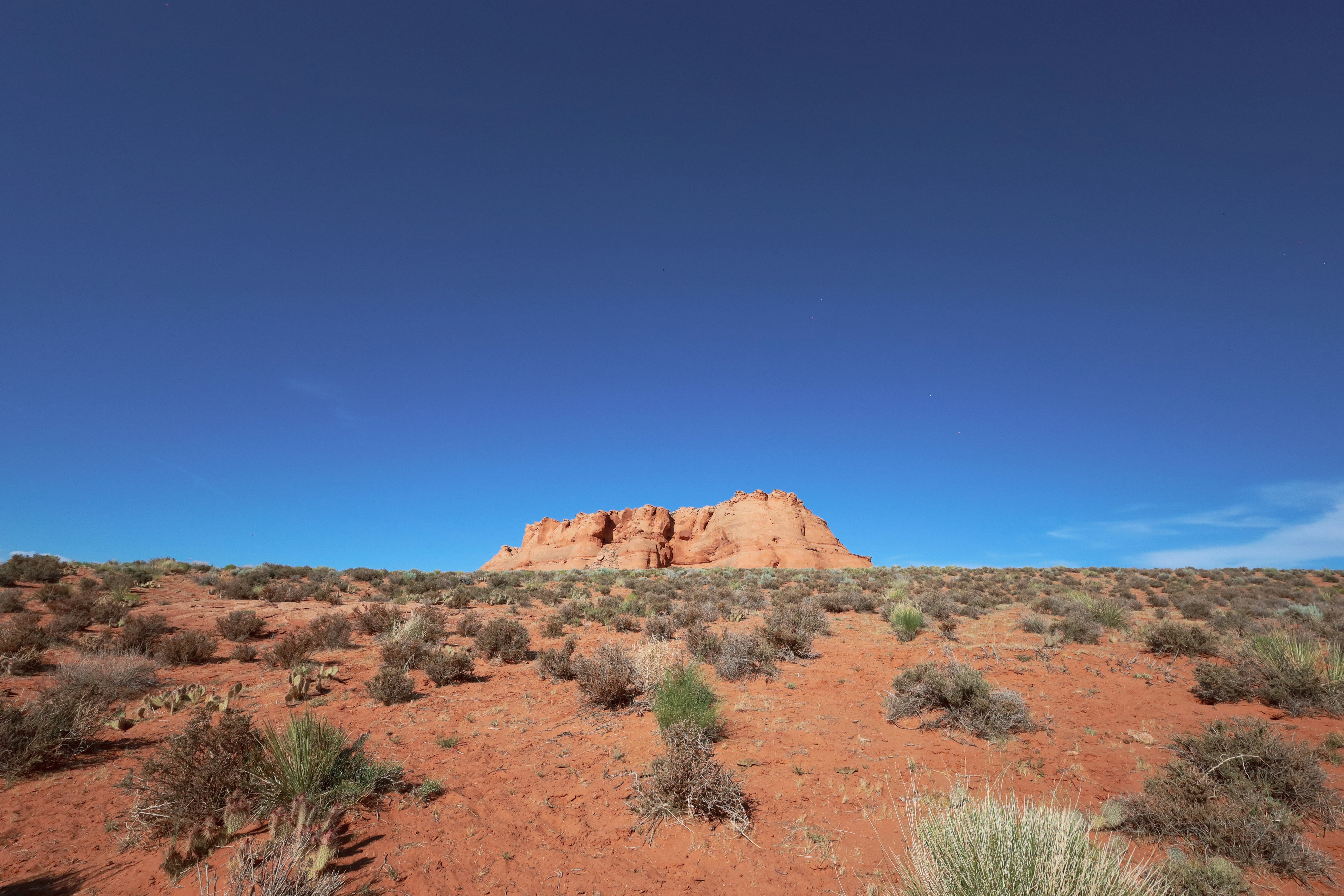 A desert landscape with a rock formation in the background