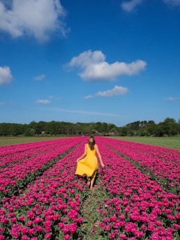 A woman in a yellow dress walking through a field of pink flowers
