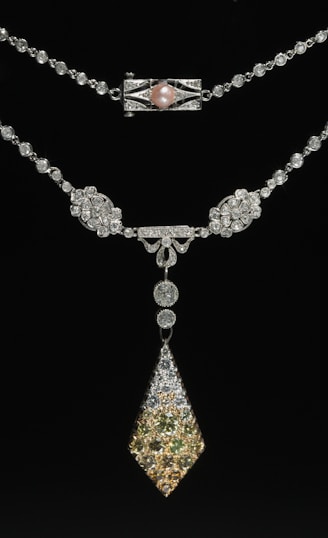 Diamond and pearl necklace with intricate pendant