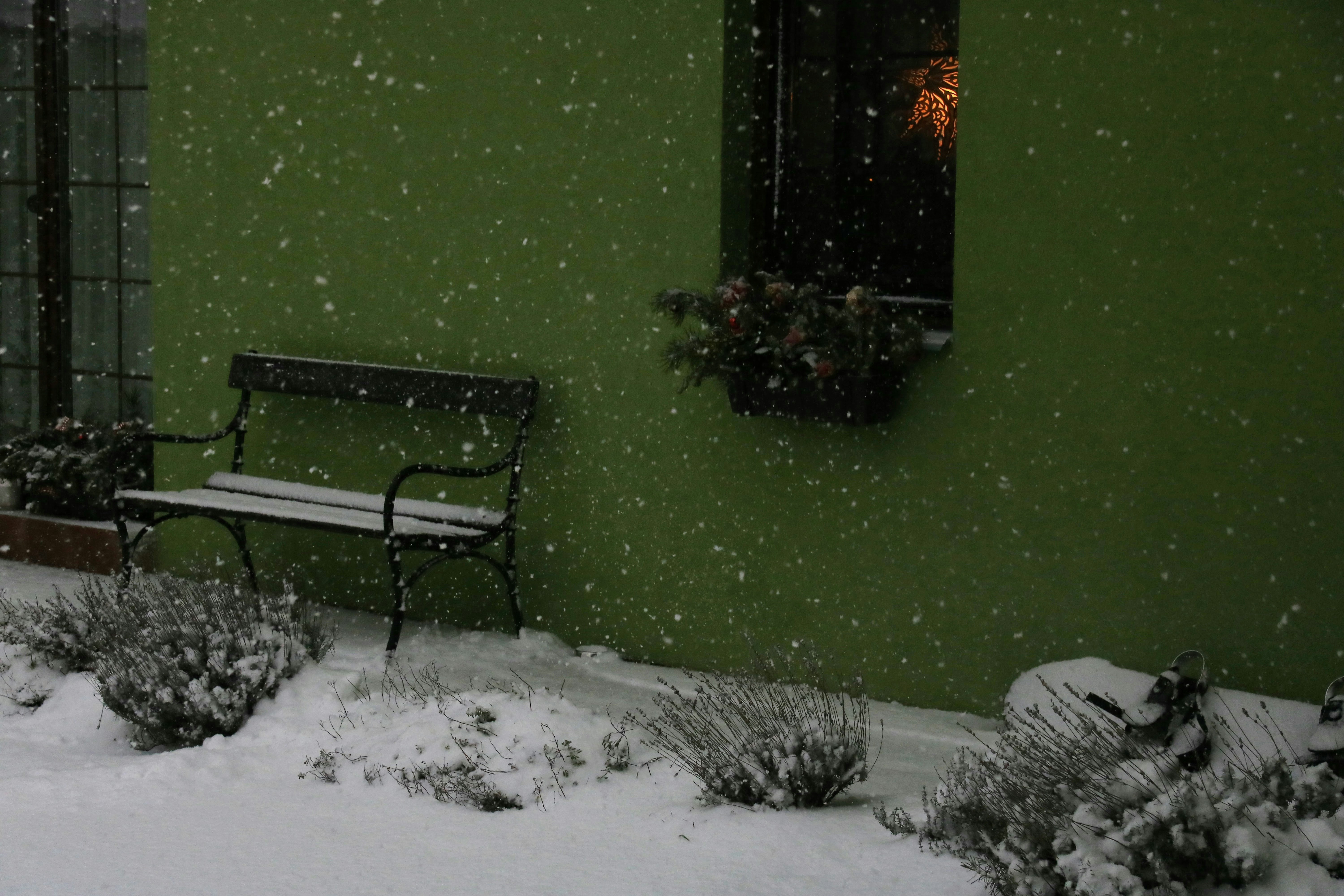 A green building with a bench in the snow