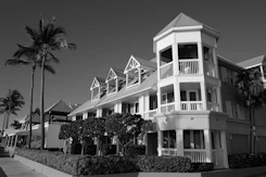 A black and white photo of a hotel