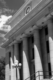 A black and white photo of a building