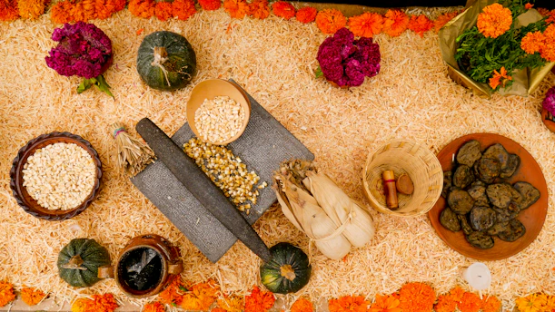 An overhead view of a variety of food items