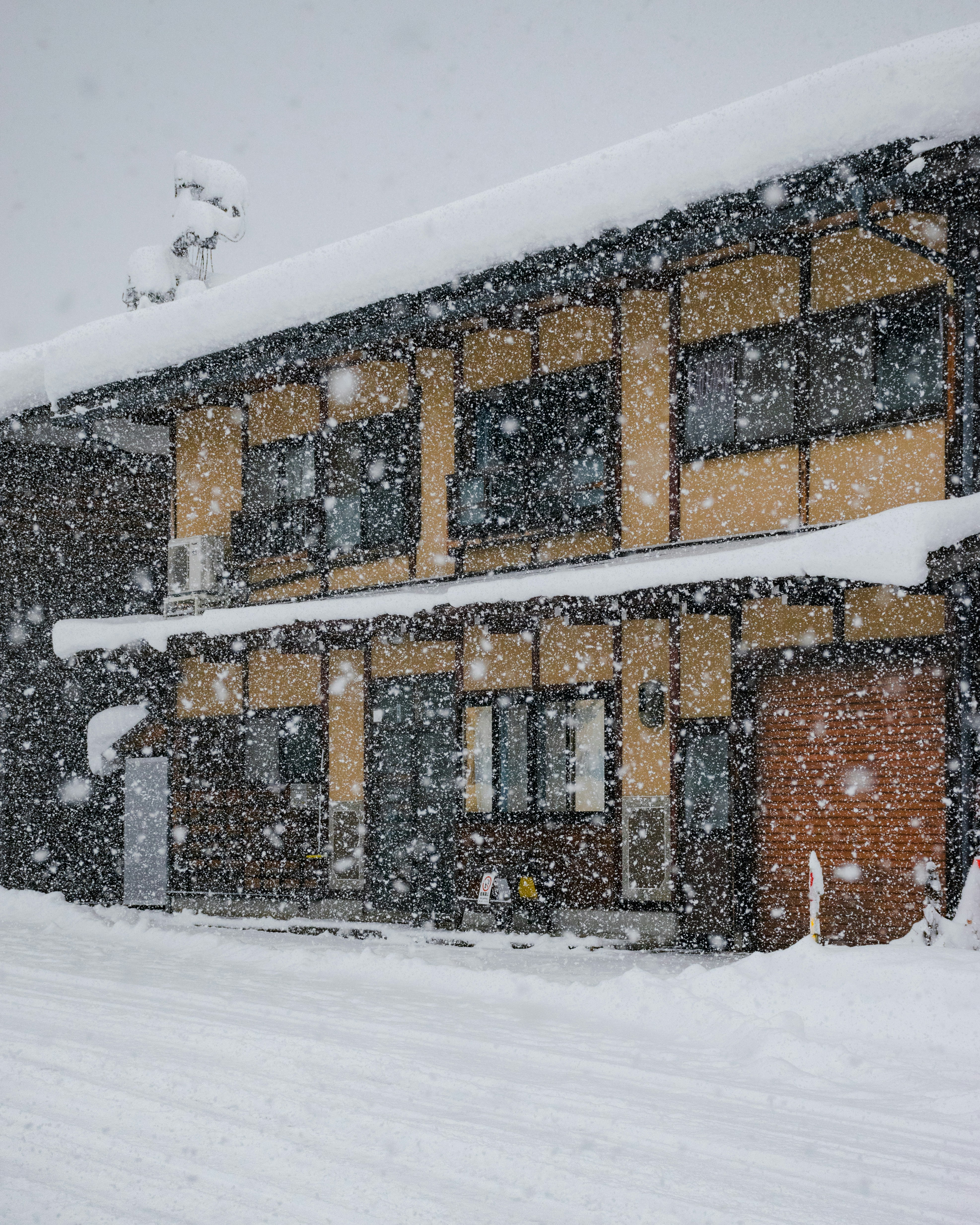 건물이 길가에 앉아서 눈으로 덮여 있습니다