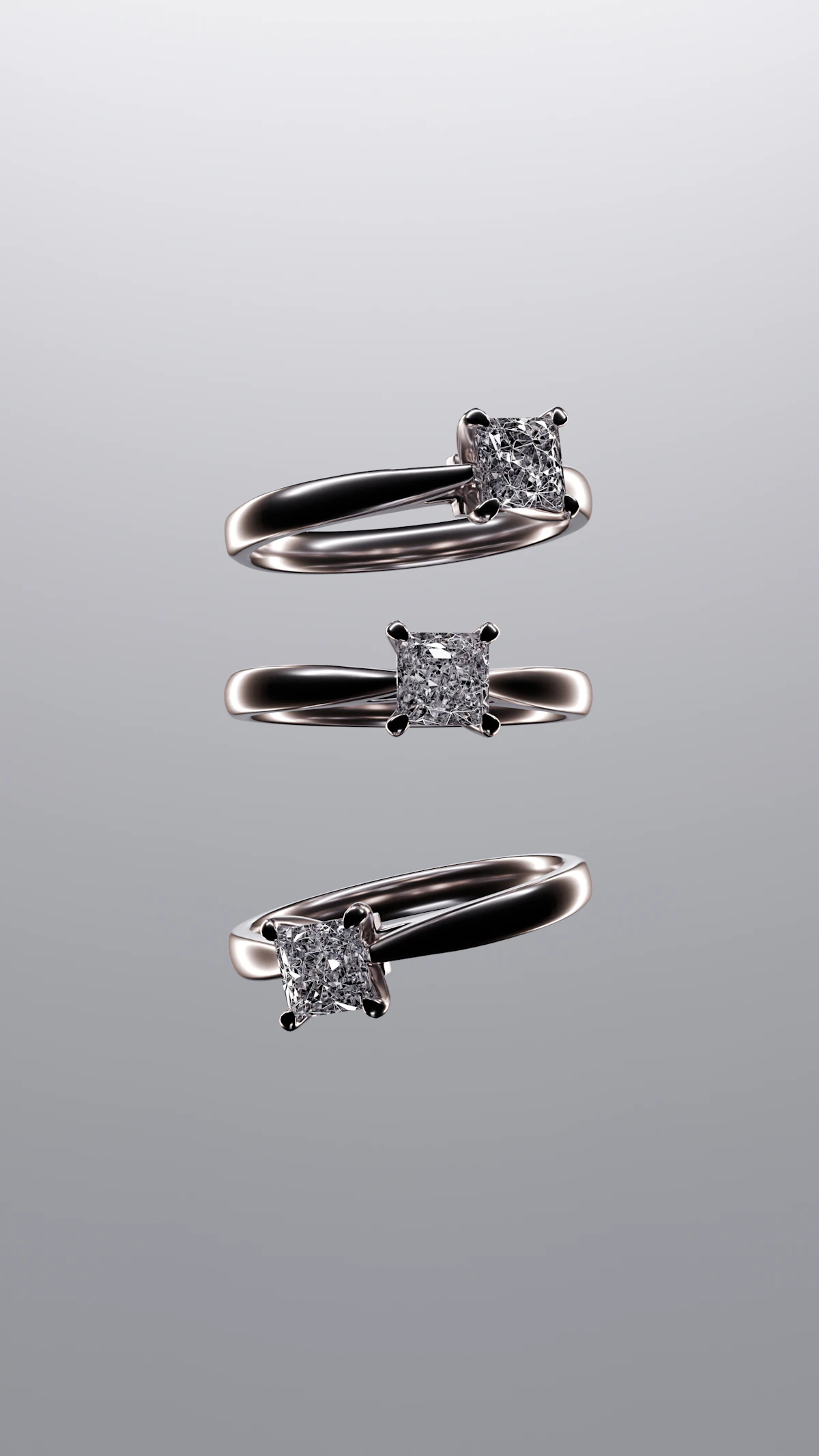 Three silver solitaire rings with square-cut stones