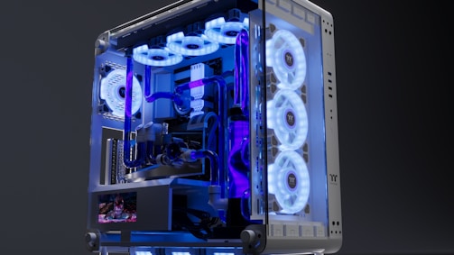 A computer case with a blue light inside of it