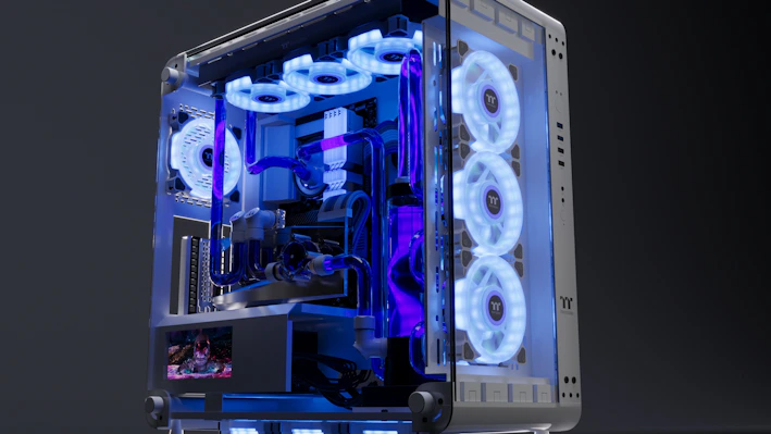 A computer case with a blue light inside of it