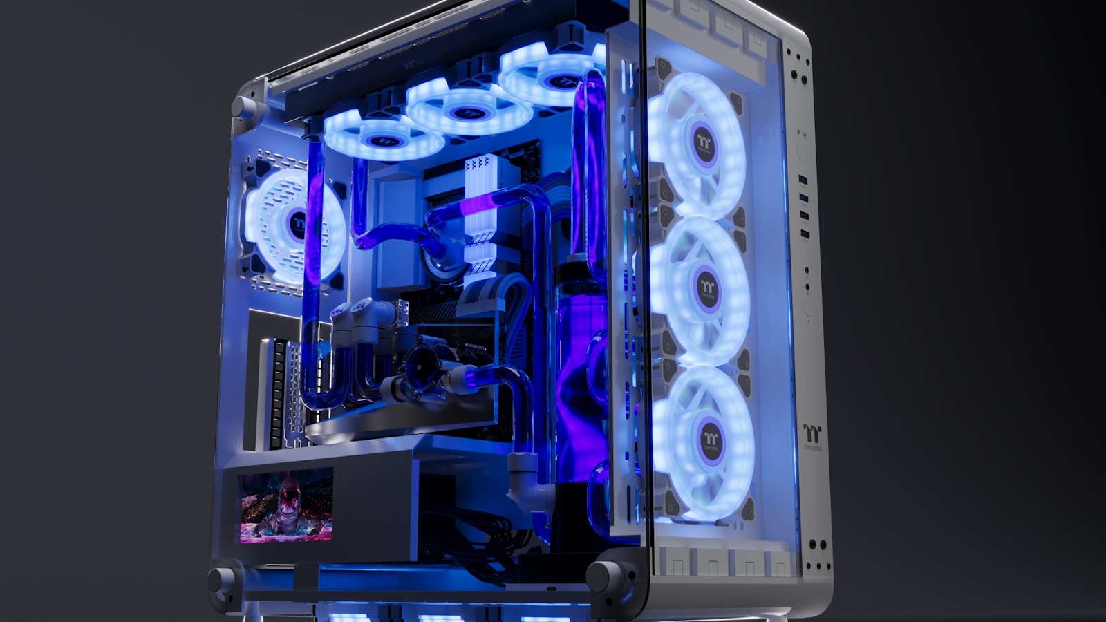 A desktop computer case glowing with blue light