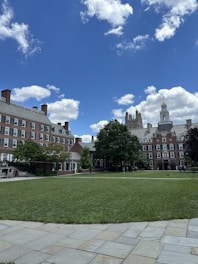 A grassy area in front of a large building