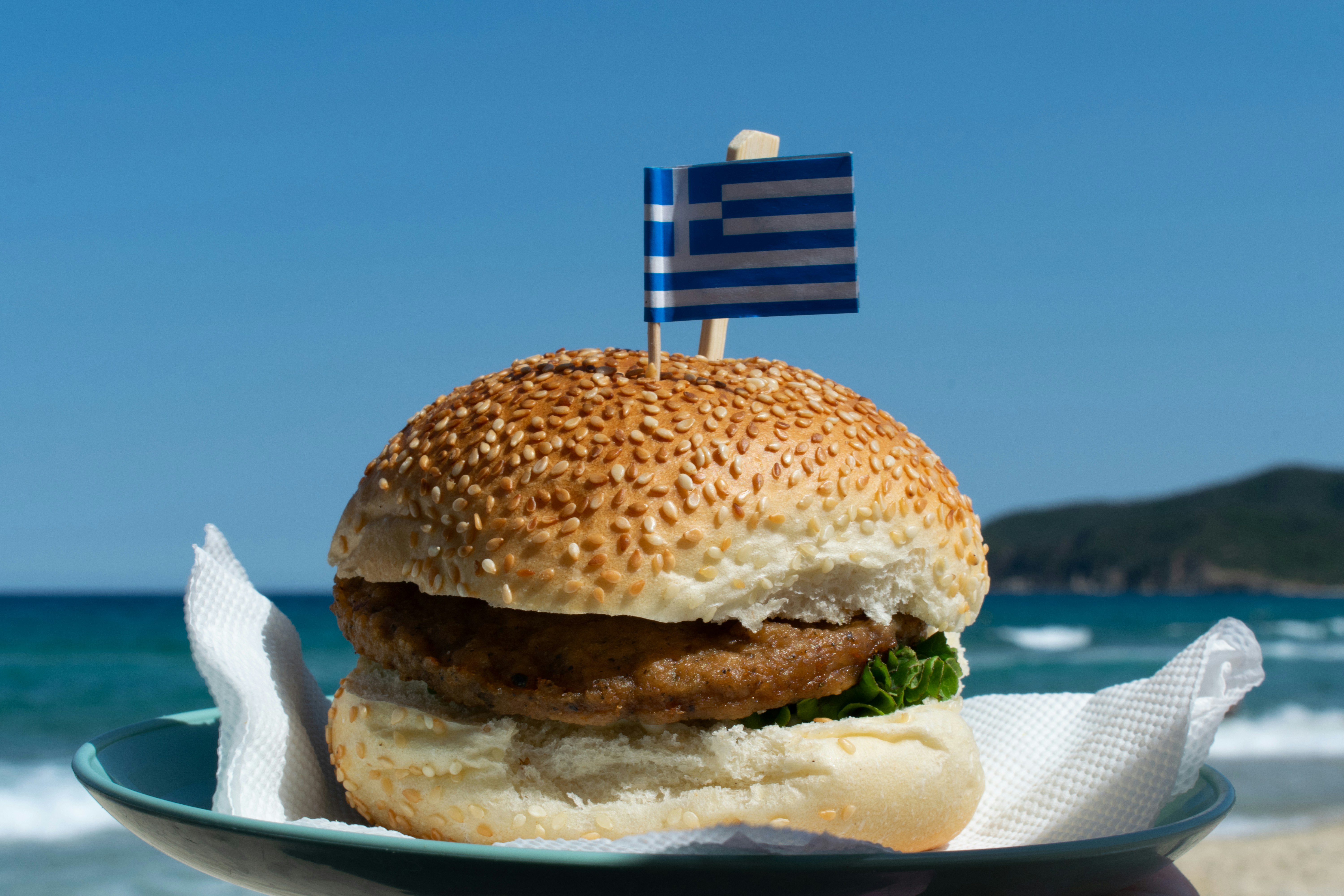 A hamburger on a plate with a flag sticking out of it