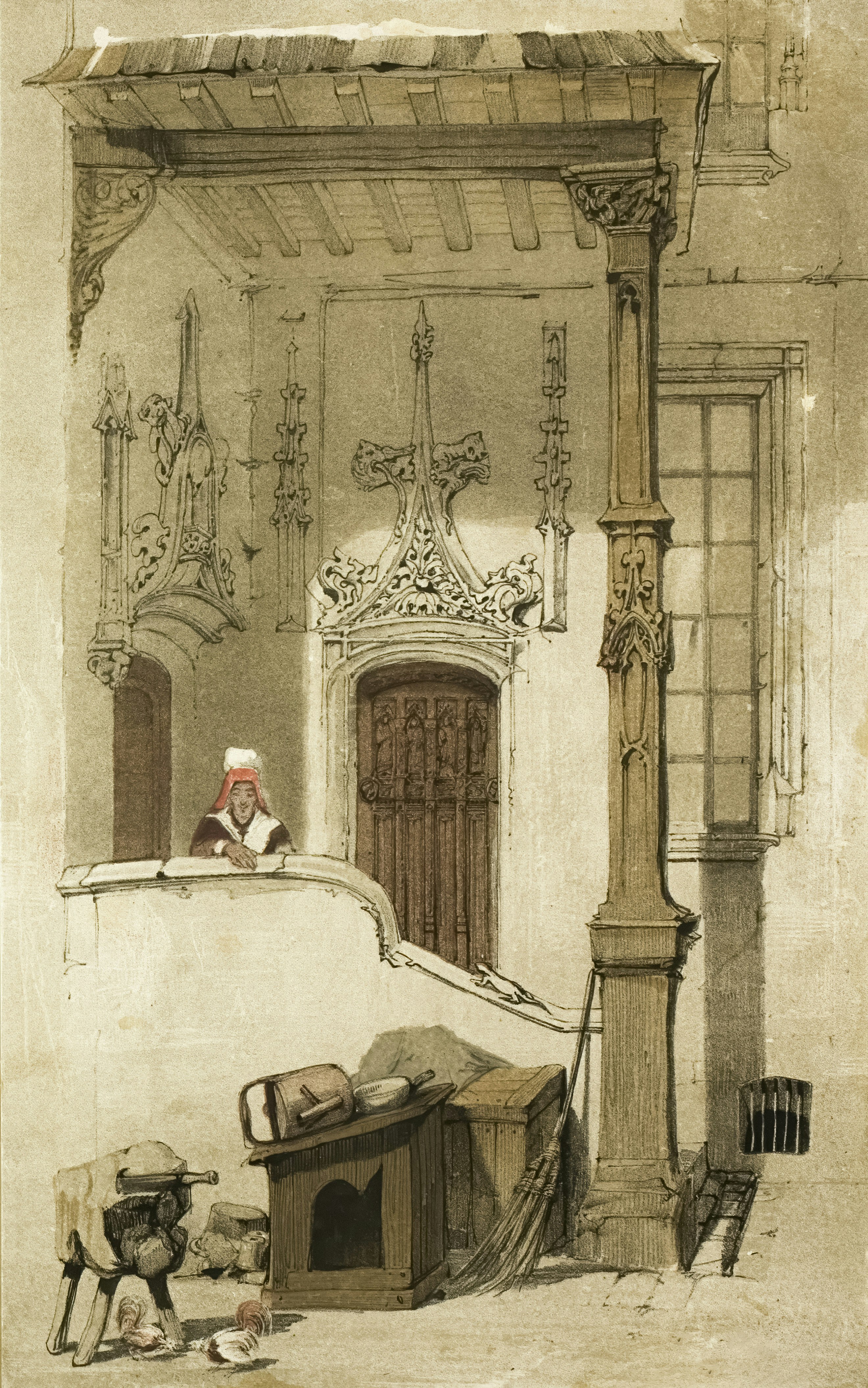 A person stands on a balcony overlooking a street scene.