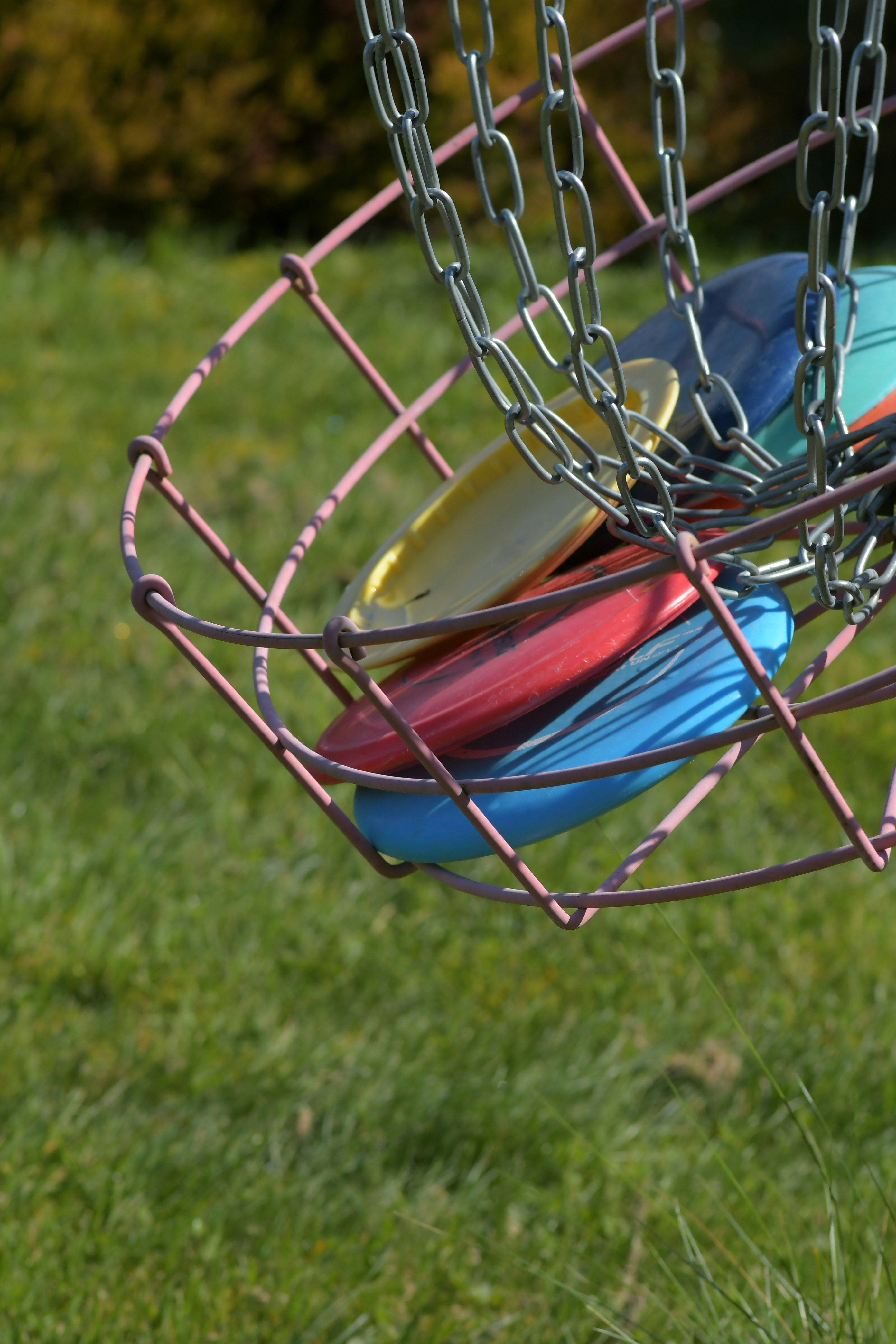A bunch of frisbees that are in a basket