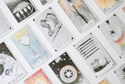 A bunch of cards that are on a table