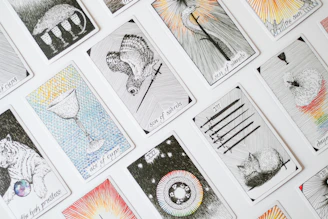 A bunch of cards that are on a table