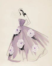 A fashion sketch of a strapless gown with floral appliqués.