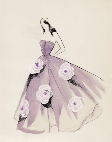 A fashion sketch of a strapless gown with floral appliqués.