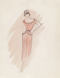 Fashion sketch of a woman in a coral dress.