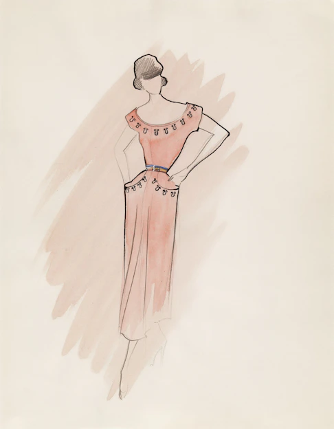Fashion sketch of a woman in a coral dress.