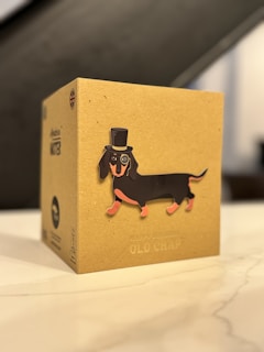 A cardboard box with a picture of a dog wearing a top hat