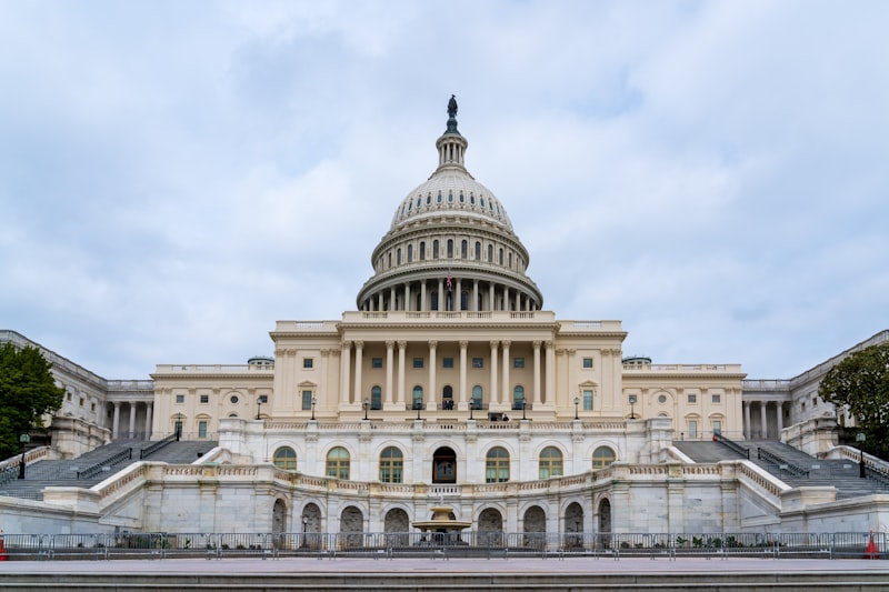 The United States Capitol building with fountain in front