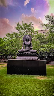 A buddha statue sitting in the middle of a field