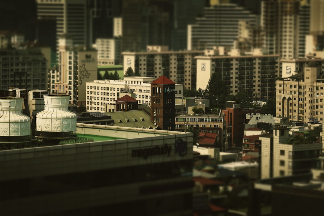 A view of a city with tall buildings,